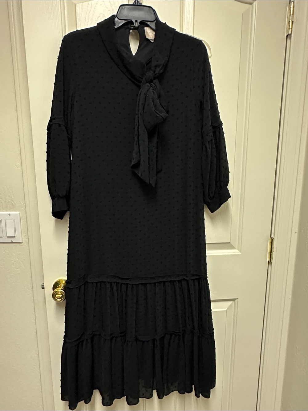 Black Tie-Neck Swiss Dot Tiered Midi Dress